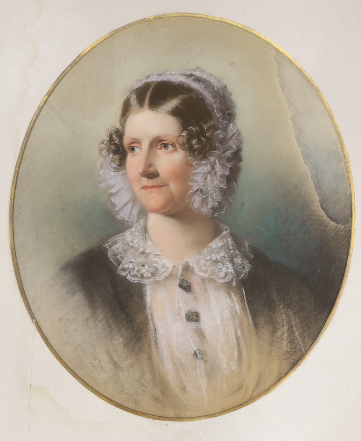 R. Faulkner, a pastel portrait of Georgiana, Viscountess Cross, (née Lyon), 1828 – 1907, signed and dated 1897, 64 x 53cm, waterstained